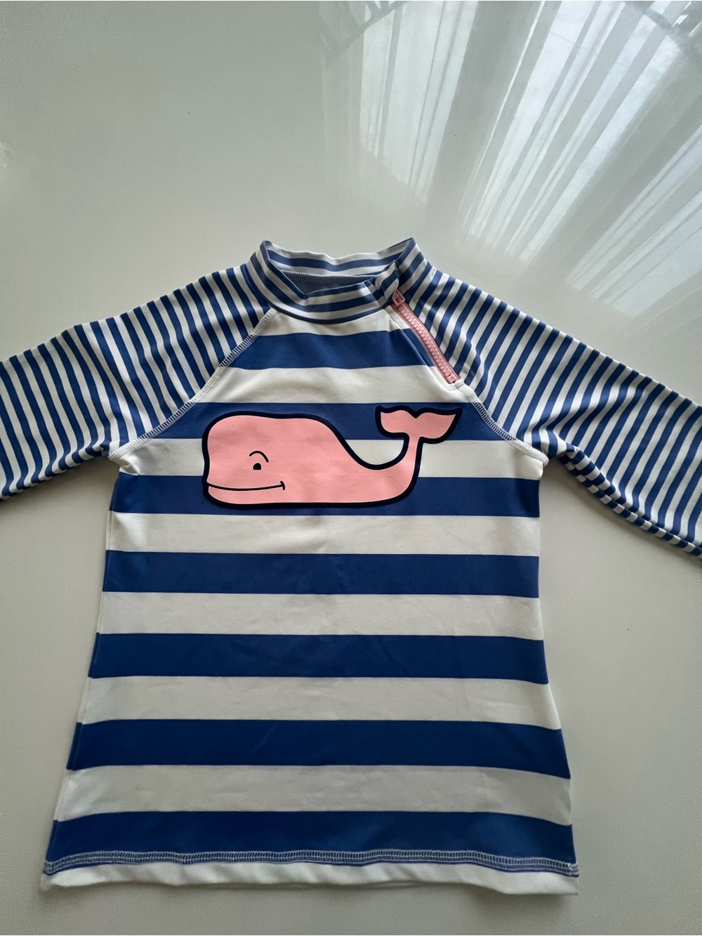 Vineyard Vines Blue & White Striped Rashguard with Pink Whale